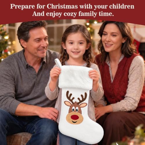 Christmas Stockings 21 inch Large Christmas Stocking Reindeer Animal One Piece Plush Stockings for Christmas Classic White Xmas Stocking Christmas Candy Bag for Christmas Tree Fireplace Family Decor - image 4