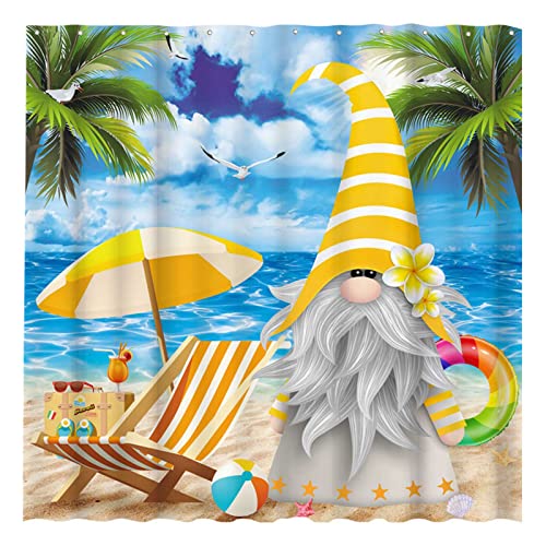 Allenjoy 72" X 72" Summer Gnome Shower Curtain Tropical Beach Seaside Scene Blue Ocean Hawaiian Holiday Home Bathtubs Bathroom Curtain Decoration Set 12 Hooks Washable Durable Polyester Fabric #TOP20