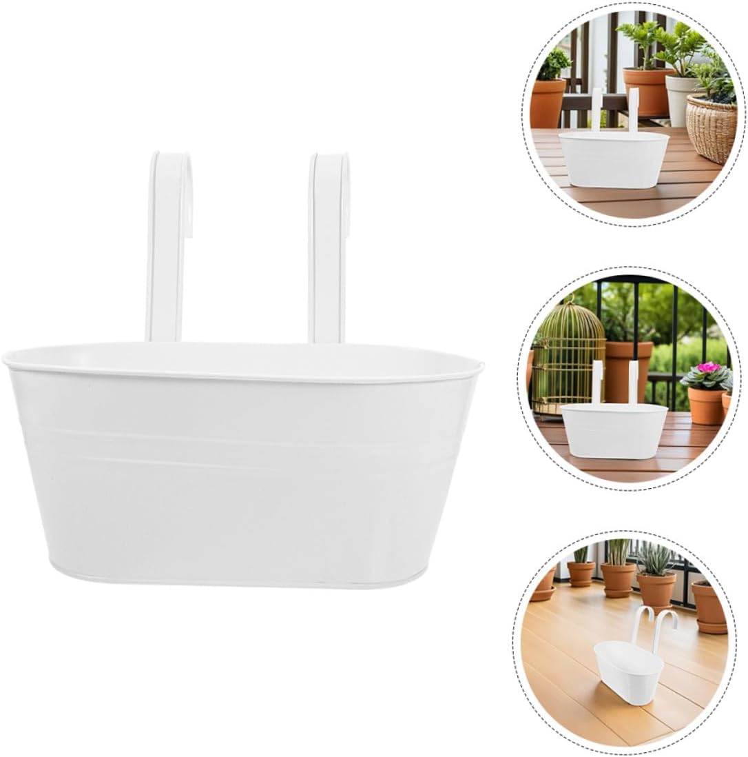 Tofficu 3pcs White Oval Iron Hanging Flower Pots with Detachable Handles, Balcony Railing Planters for Garden Patio, Wrought Iron Hanging Buckets for Succulent Planting