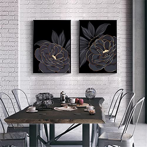 Cuadro de lienzo de flor abstracta oro negro con impresión moderna de salón