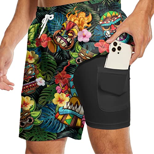 Tnhu ZHEANG-QTZD5F18 Tropical Hawaiian Men'S Swim Trunks With Compression Liner Tiki Men Swimming Trunks Swimsuit For Mens Board Shorts thumb #2