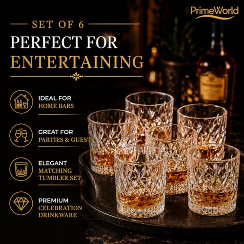 Image of PrimeWorld Cristalleria European Crystal Whiskey Glasses Set of 6 pcs- 300 ml Bar Glass for Drinking Bourbon, Whisky, Scotch, Cocktails, Cognac- Old Fashioned Cocktail Tumblers