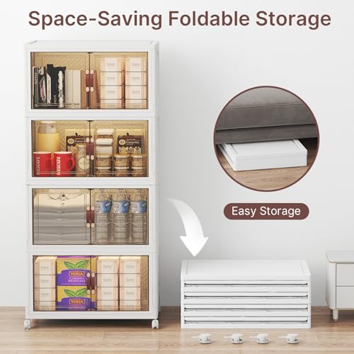 Image of UAMFURI Stackable Storage Bins with Lids, 384QT Lockable Storage Cabinet | Folding Storage Box with Doors and Wheels, Collapsible Plastic Drawers for Home, Garage, Office