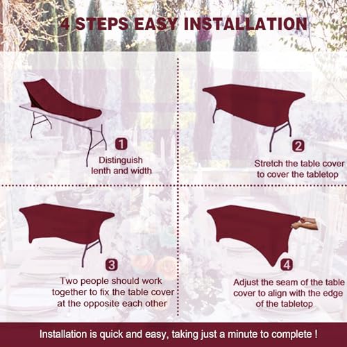 Image of FOLINS&HOME 2 Pack Burgundy 6ft Fitted Spandex Water Resistant Tablecloth | Washable Elastic Rectangle Table Cover for 6 Foot Folding Tables, Stretch Table Cloth for Weddings, Banquets, Parties (2 Pcs)