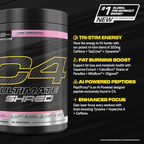 Image of Cellucor C4 Ultimate Shred Pre Workout Powder, Metabolism Supplement with Cayenne Extract+300mg Caffeine+TeaCrine+Dynamine - Pink Lemonade, 20 Servings
