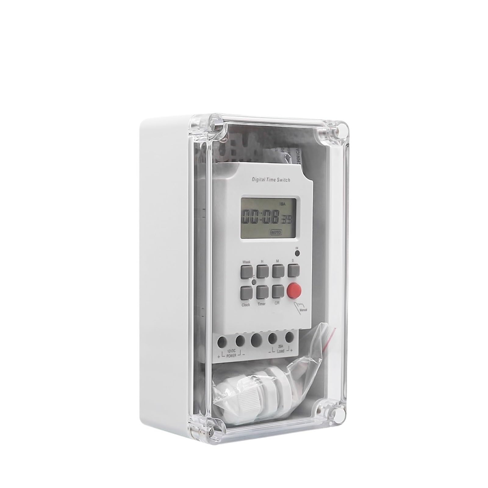 DEBLAN MT316SE Regenzeitschaltuhr, digital, 12 V Gleichstrom, 25 A, mit wasserdichter Box, transparente Abdeckung für den Außenbereich
