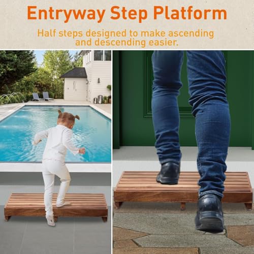 Image of Wooden Step Platform 3.8 inch Height, Outdoor Steps with Non-Skip Pads for Seniors, Acacia Wood Step Stools for Adults, Stool for Bed (No Assembly Required)