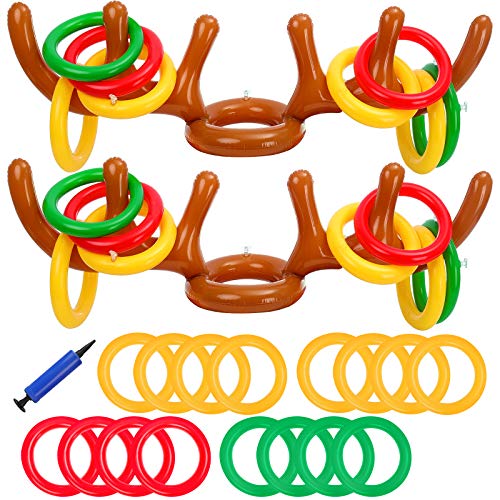 Balhvit 18Pcs Inflatable Reindeer Antler Ring Toss Game, Christmas Games for Kids Adults, Indoor Outdoor Xmas Party Games Holiday Favors Supplies for Families (2 Antlers &16 Rings & Hand-Held Pump)