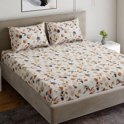 Image of Dreamscape Microfibre Wrinkle & Fade Resistant Double Bedsheet with 2 Pillow Covers - (Size 87 x 94 inches, TC, Colour - Cream)
