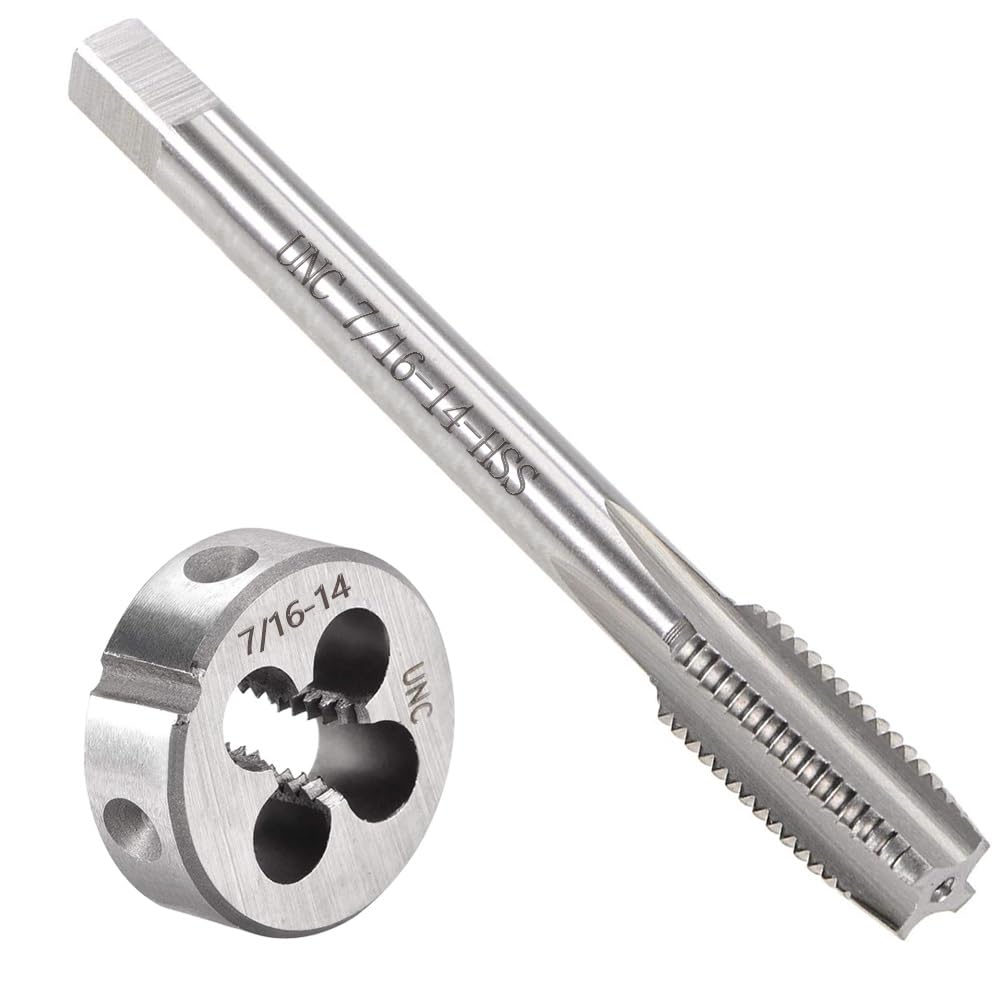 Saipe 2pcs 7/16"-14 UNC Tap and Die Set, 7/16 x 14 UNC HSS Threading Tap Die Set, Straight Flute Machine Tap Alloy Tool Steel Round Thread Die Right