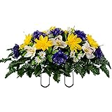 Sympathy Silks Artificial Cemetery Flowers – Realistic Elegant Orchids, Outdoor Grave Decorations - Non-Bleed Colors, and Easy Fit - Purple Yellow Orchids Saddle