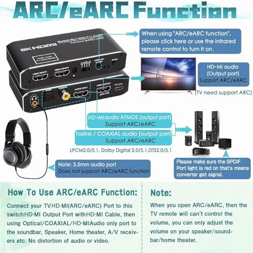 Image of ETZIN HDMI Switch eARC /ARC Audio Extractor, 4K@60hz HDMI Audio Splitter with Remote, Support 7.1 Channel Audio /Optical Toslink SPDIF /Coaxial Converter HDR (Black) EPL-909H