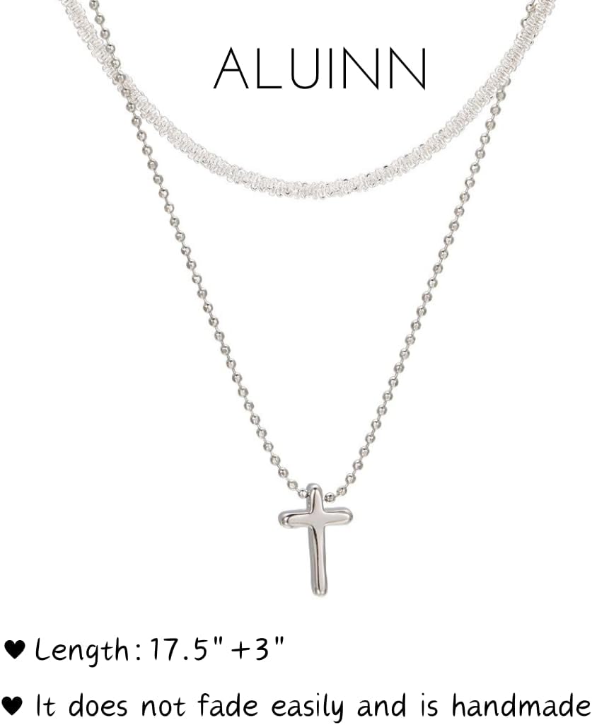 Aluinn Silver Layered Rope Necklace for Women Simple Silver Cross Pendant Choker Chain Necklace Cute Tiny Trendy Necklaces Jewelry Gift for Women - Image 4