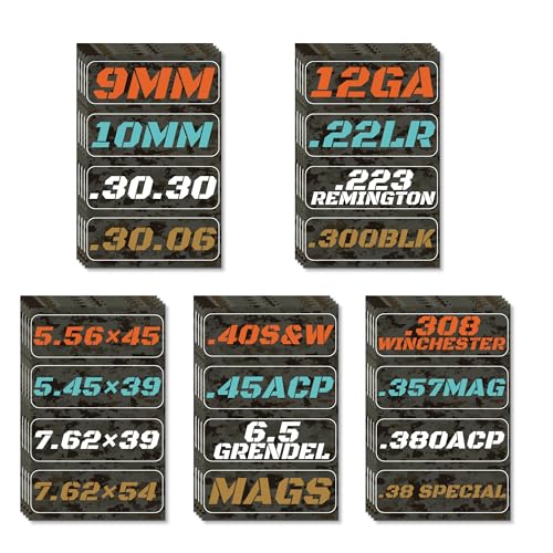 Ammo Can Vinyl Sticker Set - Ammo Can Labels Set -Caliber Decal Labels for Ammo Cans .22 .223 .308 9MM .380 .45 5.56 7.62 12GA 300BLK (80 Pack/20 Varieties)