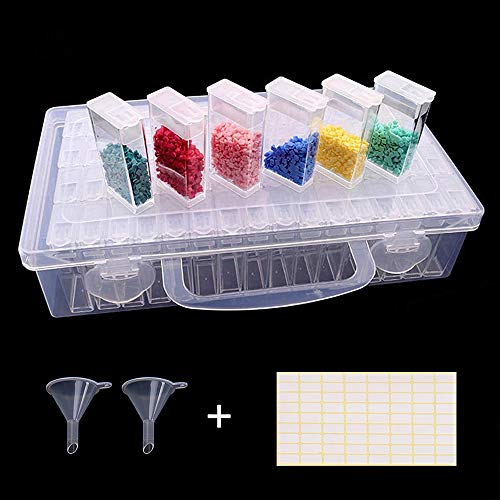 ArterCraft 62 Grids Diamond Painting Drill Storage Containers, Diamond Organizer Case Embroidery Beads Box with 2pcs Funnels and Label