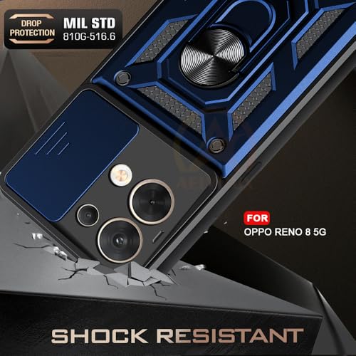 Image of Armor Bumper Back Cover Case for Oppo Reno 8 5G Rotating Camera Cover, Ring Holder & Kickstand | Heavy Duty & 360 Degree Protection Oppo Reno 8 5G Back Cover (Blue)