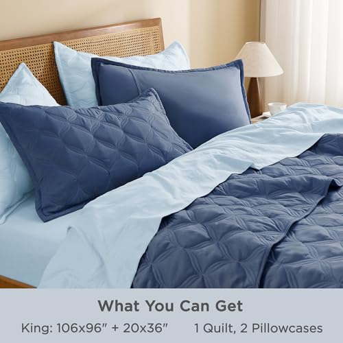Image of Litanika King Size Quilt Bedding Set, Ocean Blue Summer Lightweight Soft Comforter Bedspreads & Coverlets, Boho Farmhouse Bedding Cover Bed Decor All Season, 3 Pieces (1 Quilt & 2 Pillowcases)