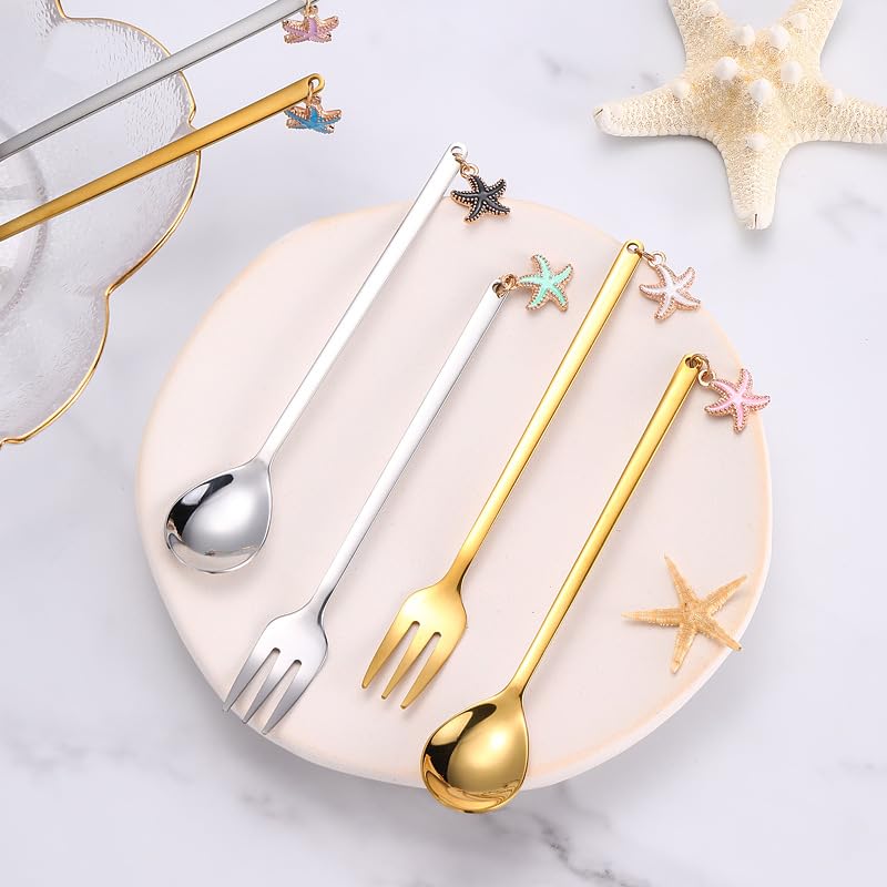 ONUIFIKE Silverware Set, 6/24/36/48/60/72 Pieces Dessert Spoons Gold Long Handle Small Round Spoon 304 Stainless Steel Coffee Stirring Spoon, Home Cutlery Flatware Set(Gold,72 Pieces for 12)