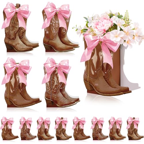 Image of 12 Set Brown Western Cowboy Bow Boots Flower Boxes Centerpiece Boot Shape Gift Boxes Western Party Decoration Vase Centerpiece for Table Boots for Rodeo Birthday Baby Shower Wedding Supplies