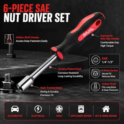 6-Piece SAE Nut Driver Set, 1/4"-1/2" Hollow Shaft Hex Nut Drivers, Chrome Plated Heat-Treated Steel Shaft, Ergonomic Non-Slip Handle for Automotive, Electrical, HVAC, Appliance Repair & DIY image 5