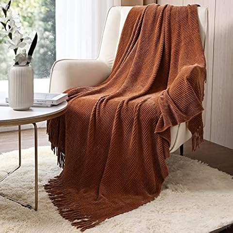 CREVENT Farmhouse Rust Chenille Throw Blanket for Couch Sofa Chair Bed Home Decoration, Soft Warm Cozy Knit Blanket for Spring (127cmX152cm Caramel / Brown / Burnt Orange) Cover