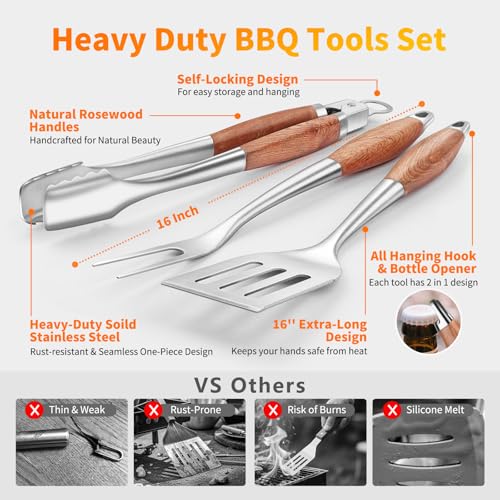 16 Inch Grilling Accessories Set, Heavy Duty Stainless Steel BBQ Accessories Tools and Grill Accessories for Outdoor Grill with Spatula, Fork, & Tongs - Grilling Gifts for Men Women Father - Image 4