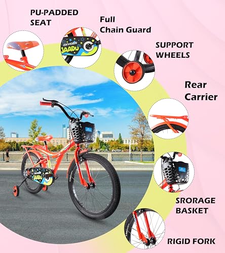 Image of OXYGEN Kids Cycle for Girls 6-9 Years, 20 Inch Tyres, Single Speed Non-Geared Bicycle with Steel Frame, Front & Rear Wire Brakes (Orange)