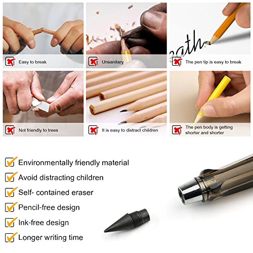 Image of AUAUY 5Pcs Everlasting Pencil, Infinity Pencil With Eraser And Replacement Nibs, Reusable Inkless Pencil For Writing, Drawing, Students Home Office School Supplies(Gradient), Ink black