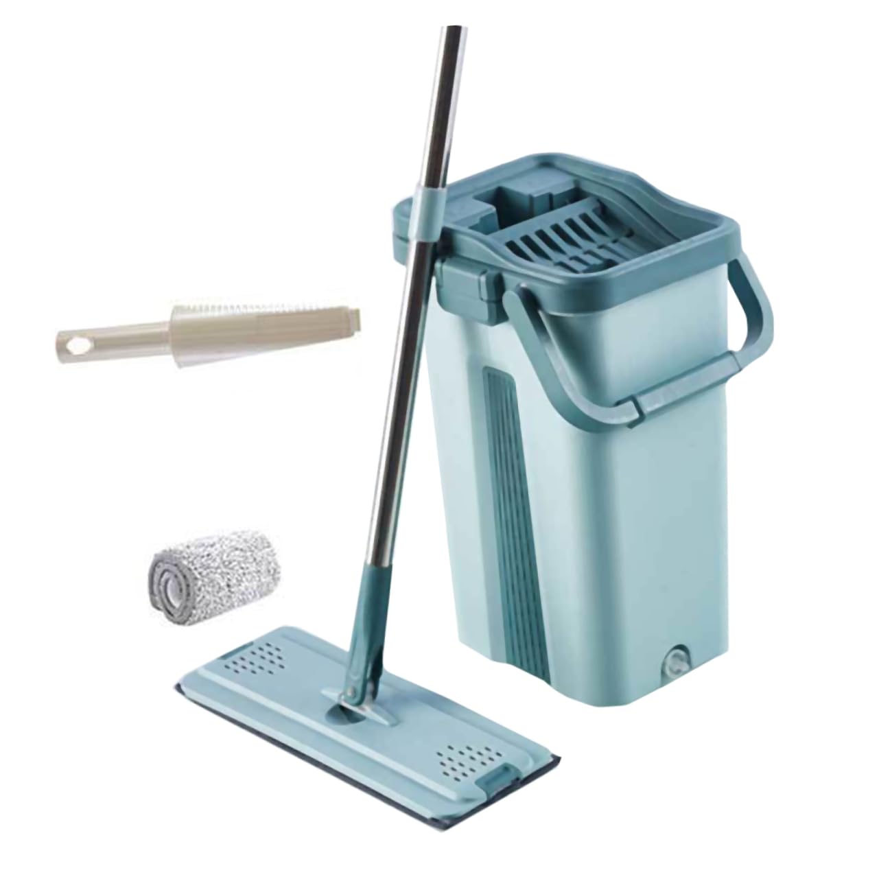 Trapeador sin Lavado de Microfibra Cubo, Juego Verde | Mango Integrado y Asa de Transporte, Limpieza Rápida y Profunda, Acabado en Goma, Plástico y Acero Inoxidable