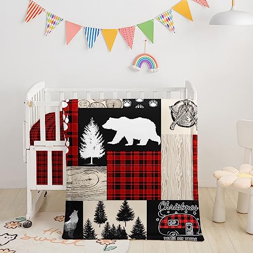 Image of 3pcs Nursery Crib Set with Comforter, Sheet & Skirt, Bear Forest Camping Car Printed Bedding for Baby Boys and Girls (Bear Red)