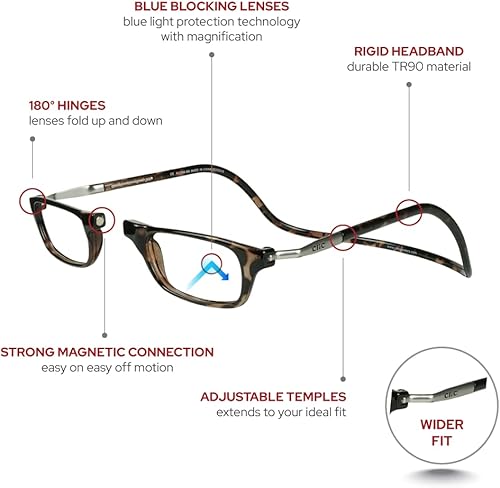Miniatura 3 de Clic Gafas de lectura magnéticas con bloqueo de luz azul, lectores de computadora de sien ajustables, largo original