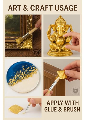 Image of UGLS Gold Leaf Sheets 500 Pack (8 cm x 8 cm) + Adhesive 300 ml (2 Bottles -150ml)- Gilding Glue - Golden Foil for Gilding, Epoxy Resin Art, Maysur Paintings, Arts & Crafts, DIY Gilding