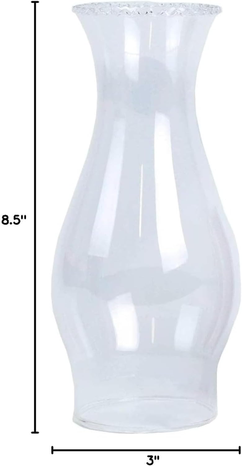 Clear Glass Lamp Chimney, Replacement Hurricane Globe Measures 3 Inch Diameter Base x 8 1/2 Inches High for Oil or Kerosene Lanterns, Crimp Top