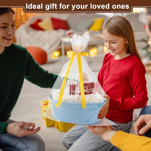 Image of OIAHOMY Gift Basket with Handle, Small Woven Basket with Gift Bag, Ribbon and Wrap Tissue Paper, Nursery Bins Empty to Fill with Small Items, Baby, Pet Toy Organizer - Blue