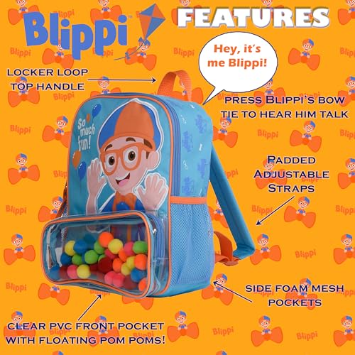 Image of Blippi Backpack with Sound for Boys and Girls, Clear Front Pocket and Mesh Side Pockets, Toddler's Schoolbag with Padded Back and Adjustable Straps, Versatile Day Pack for Kids, Blue and Orange
