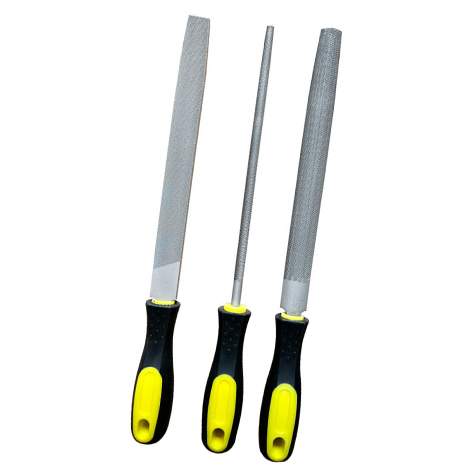 Set di Lime Metallo 3 Pezzi in Acciaio al Carbonio, 200mm, Include Lima Piatta, Rotonda e Semitonda con Manico in Gomma - Per Lavorazione Legno e Metalli