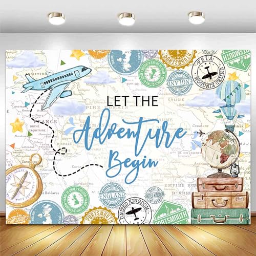 Ayayiya Adventure Awaits Backdrop Airplane Let The Adventure Begin Baby Shower Decorations Photography Background Bon Voyage Global Travel World Map Birthday Bridal Shower Party Banner Supplies 7x5ft