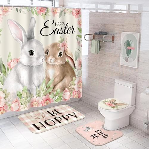 Rtteri 4 Pcs Happy Easter Shower Curtain Set Easter Bunny