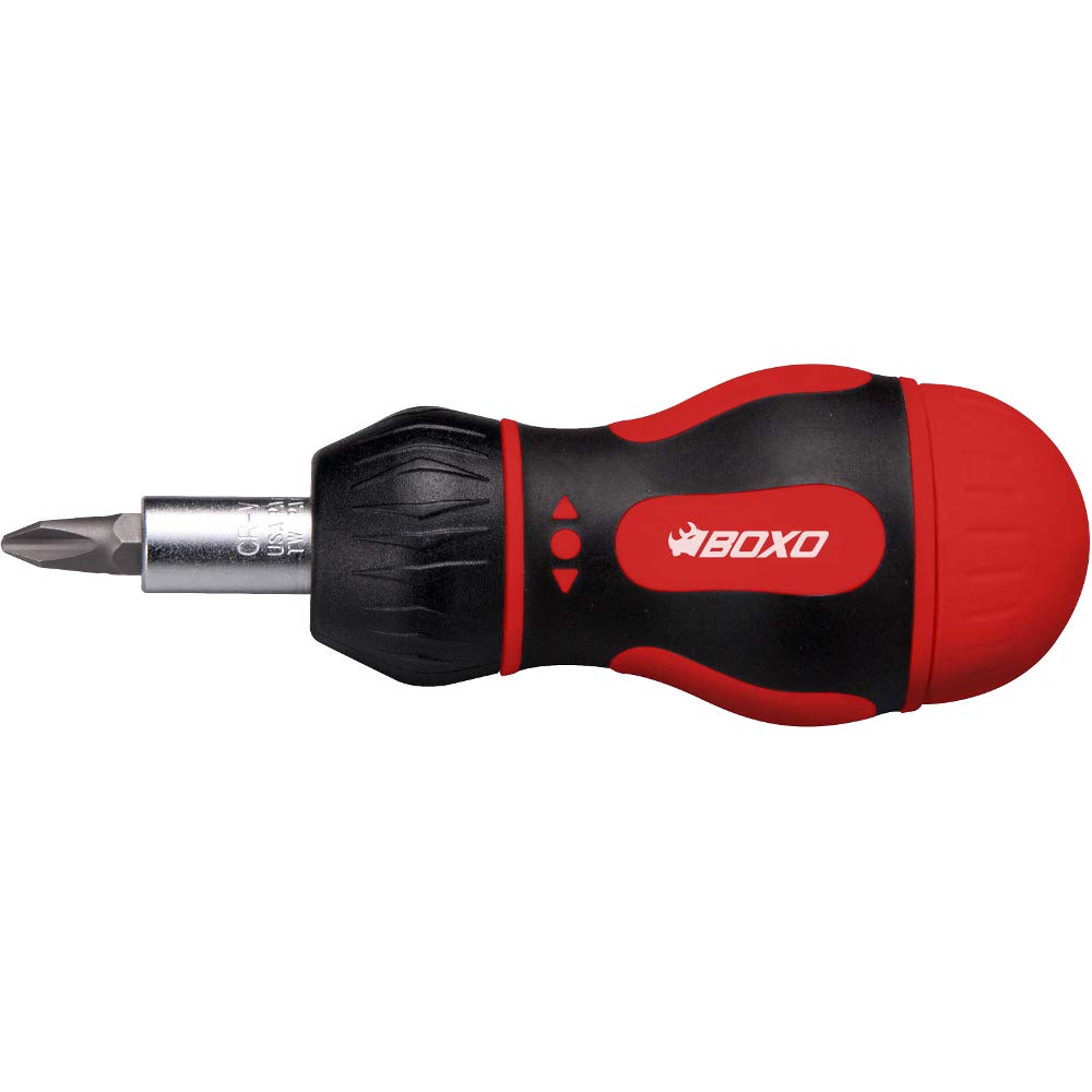 Boxo Stubby Ratcheting Screwdriver. Slotted, Pozi & Phillips Bits. Br08