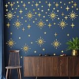 Gold Star Wall Stickers Retro Starburst Wall Decals Peel and Stick for Bedroom Living Room Decor Ceiling Stars Atomic Mid Century Wall Art Murals Modern Viny Wall Decal for Nursery Kids Room