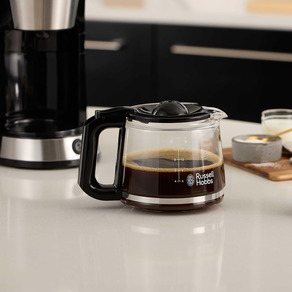 Russell Hobbs Macchina Caffè Americano,1.25 L, 10 Tazze, Filtro Incluso, Mantenimento Caldo 40 min, Funzione Pausa e Versa, Pulsante Brew Now, Illuminazione Blu, Acciaio Inox – Heaton 27400-56