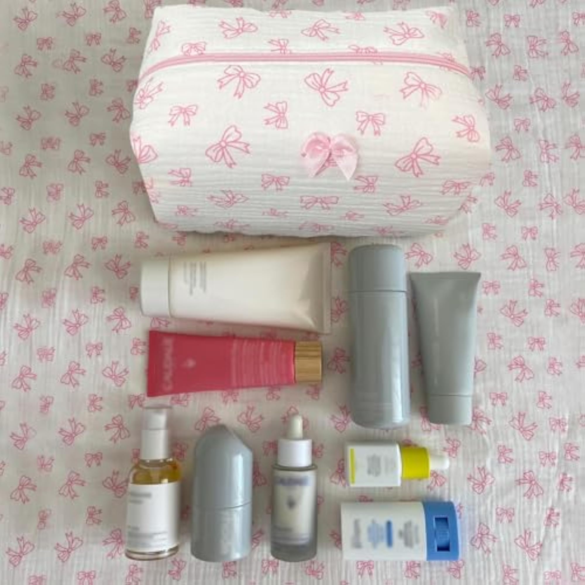 Coquette Pink Bows Quilted Makeup Pouch, Travel Organizer