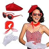 Conjunto de accesorios para disfraz francés: el conjunto incluye una boina roja, gafas de sol, una bufanda de gasa de seda y guantes elegantes, ideal para cualquier tema de fiesta de disfraces o atuendos diarios.