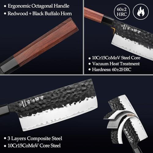 HEZHEN Coltello Nakiri, Stile Giapponese Coltello a Mannaia, Multiuso Coltello da Cuoco Asiatico Per Affettare Carne e Tagliare Verdure, Manico Ergonomico Ottagonale in Legno di Sequoia - immagine 6