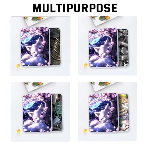 Image of Metal Tin Box with Lid,Multi-functional Storage Box Can Store Tea Biscuits Game Cards, Playing & Tarot Cards-Comes with 4 Magnetic Cord Clips,White Fox Cherry Tree