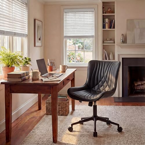 Image of YOUNIKE Office Chair, Armless Desk Chair with Wheels, Home Office Computer Task Chairs, Modern Faux Leather Padded Vanity Chair, Adjustable Swivel Rocking Chair with Back, Black