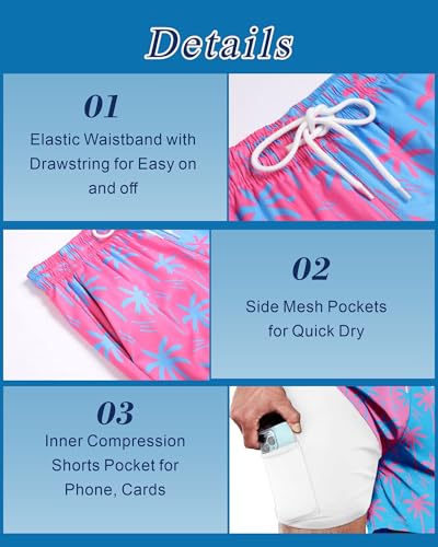 GIISAM Men's Swim Trunks, Bathing Suit 4 inch Inseam Quick Dry Swimsuit Beach Shorts with Compression Liner Pink4