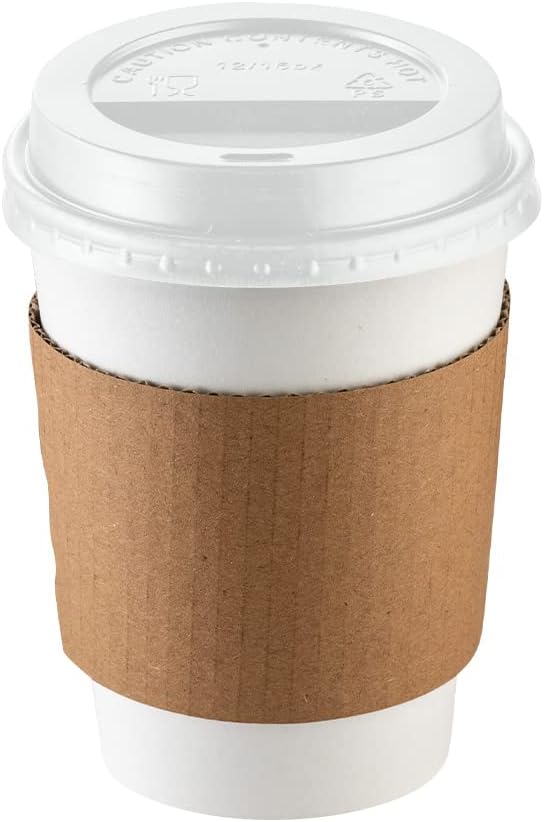 GUSTO [50 Sets - 12 oz. Disposable White Coffee Cups with White Lids, Sleeves - To Go Paper Hot Cups (Formerly Comfy Package)