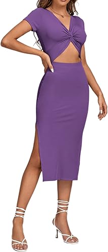 Miniatura 3 de LYANER Vestido midi de punto de manga corta con cuello en V y corte frontal para mujer