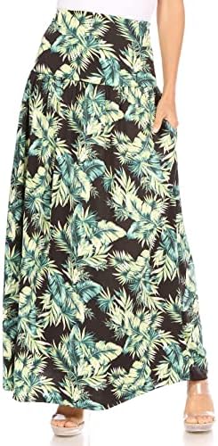 Black Green Leaf Skirts for Women Ankle Length Skirt Casual Long Skirt High Waisted Maxi Skirt Reg and Plus Size Black Green Leaf Skirt Long Skirt (Size Large, Black Green Leaf)